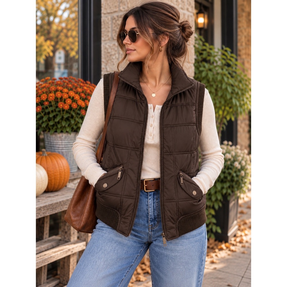 Dollhouse Juniors XL Brown Puffer Vest Quilted Y2K Utility Zip Fall Layer